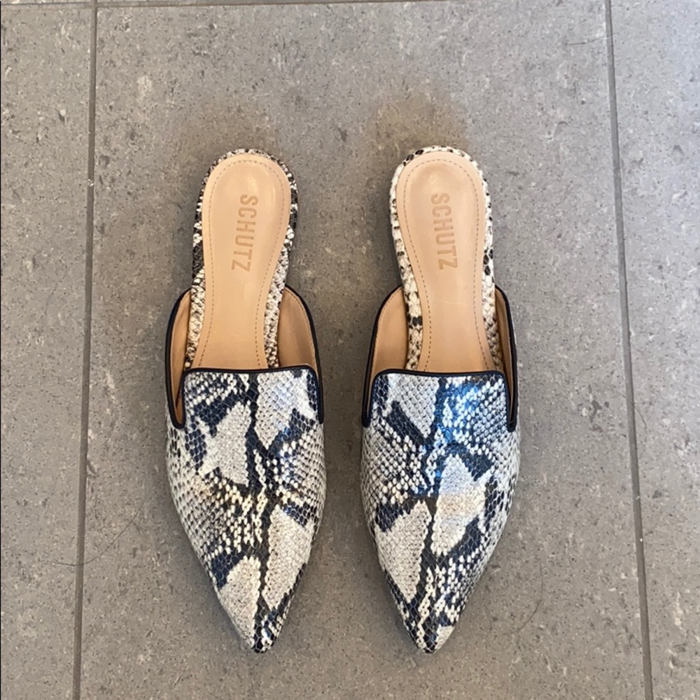 Schutz Snakeskin Print Leather Slides